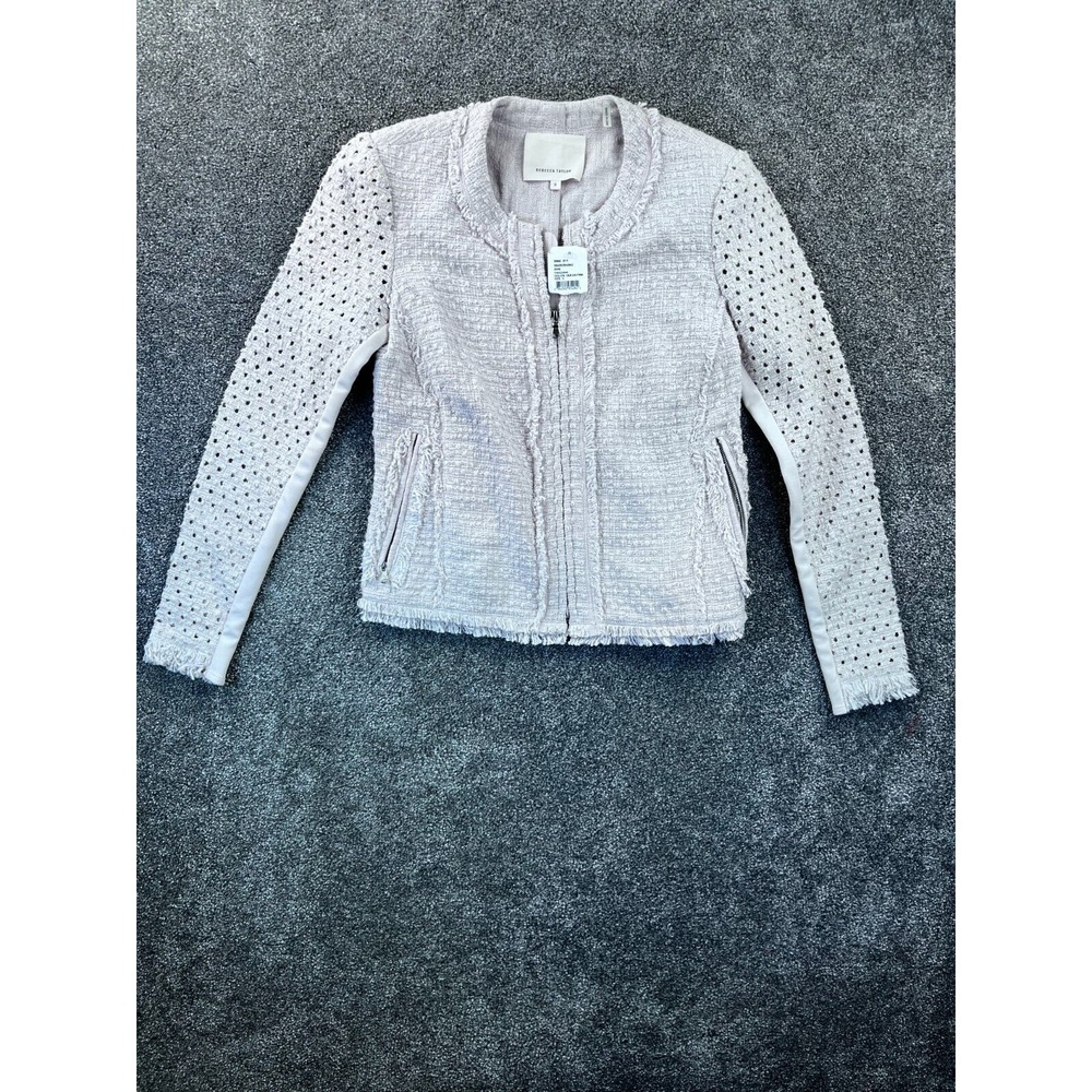 Rebecca Taylor Jacket Womens Size 0 Cotton Zip Up Dot Punch Tweed Queen Pink NWT